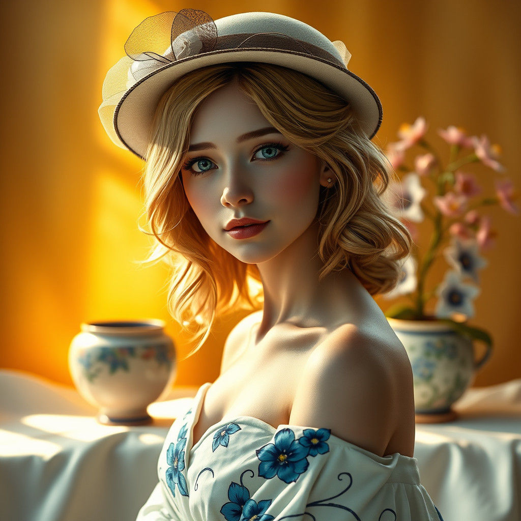 Victorian Beauty with Chinese Flowers in Art Nouveau Style