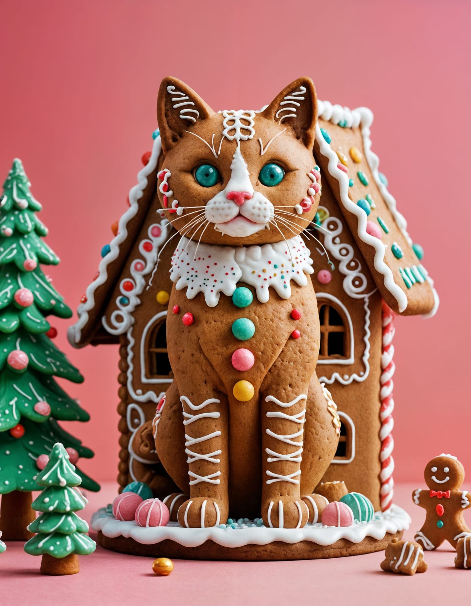 Whimsical Gingerbread Kitty in Wes Anderson-Inspired Christm...