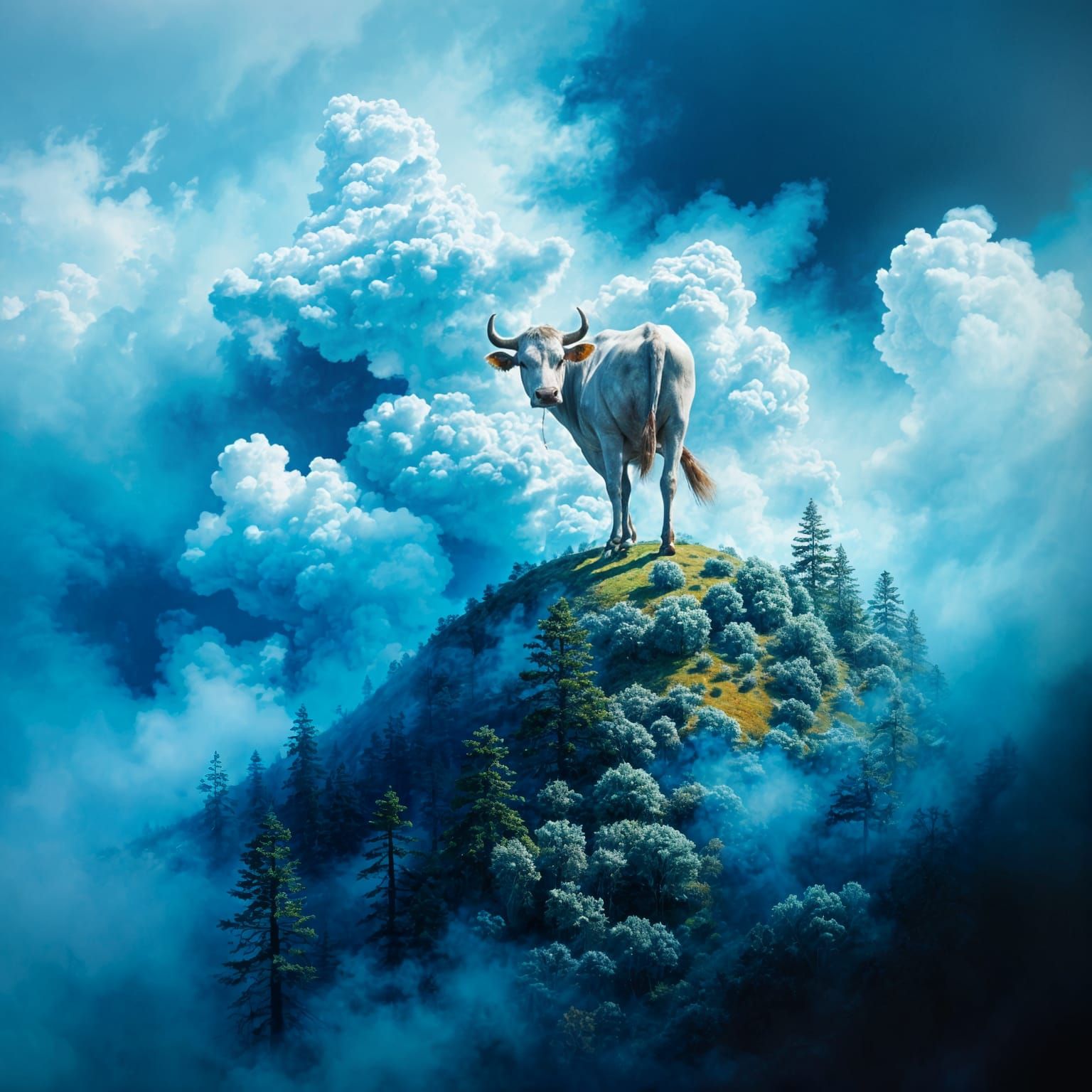 Fantasy Landscape Painting with Magical Cow in Blue Hues