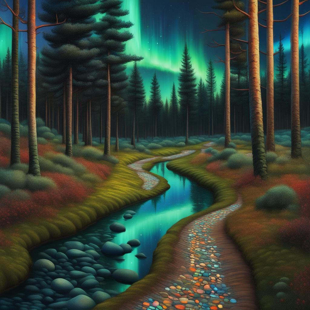 Dark Pine Forest, Streaking Aurora Borealis Starry Night Ski...
