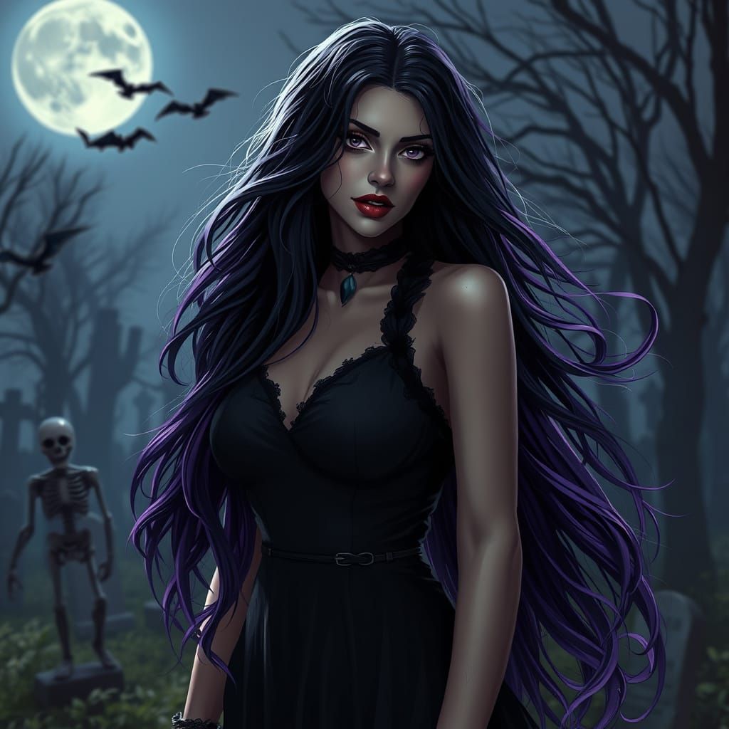 Gothic Woman in Graveyard with Floating Undead