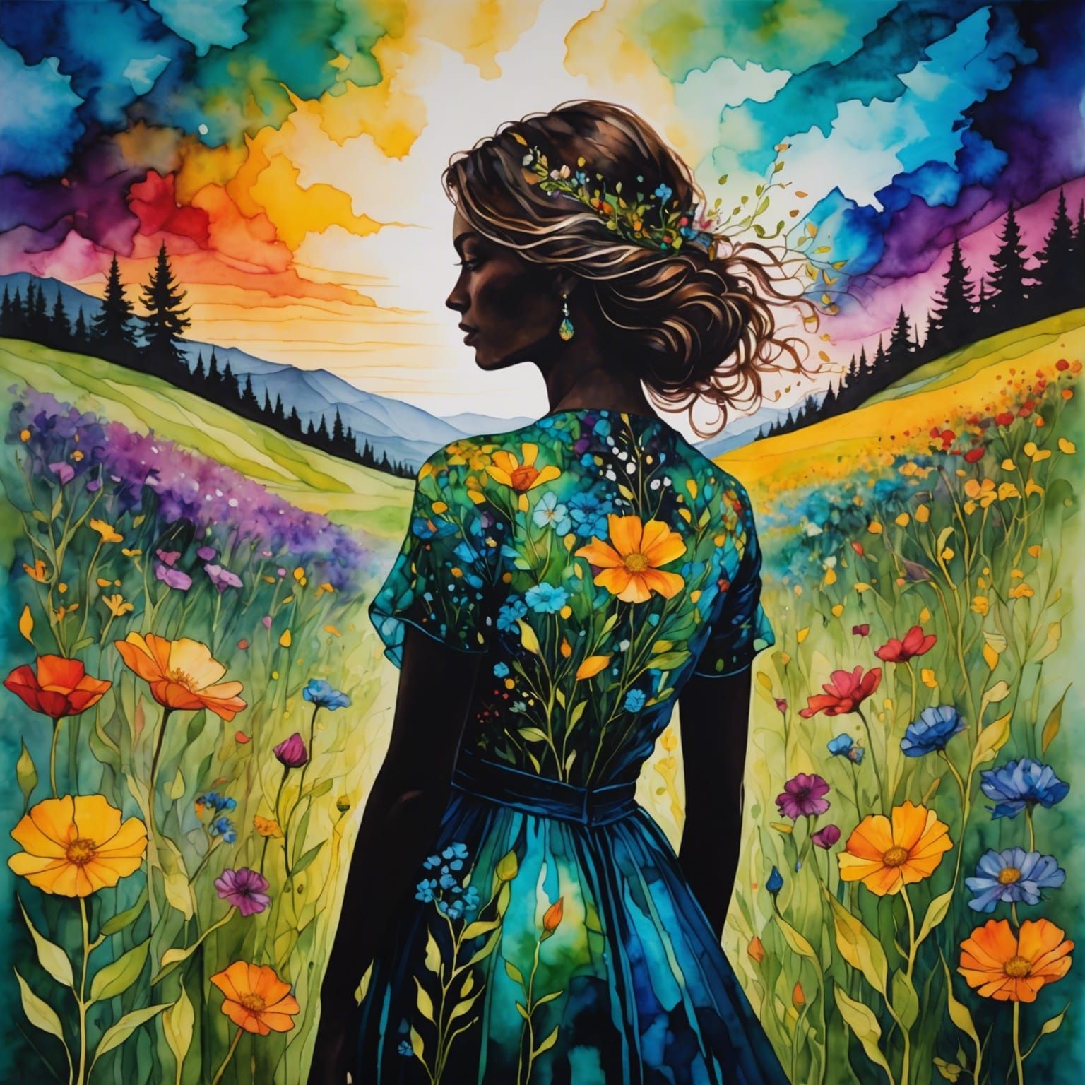 Alcohol Ink Art: Woman in Wildflower Meadow