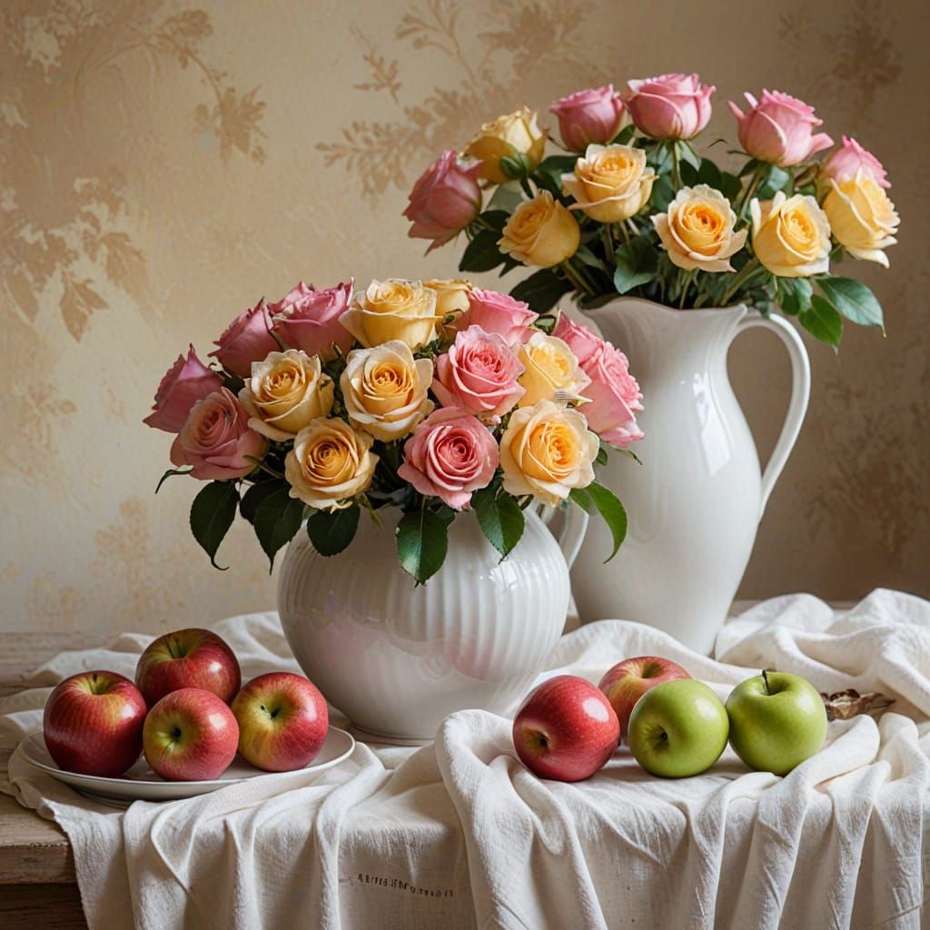 Still Life with Apples and Roses: Oil Painting