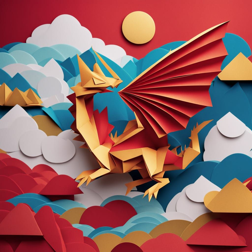 Vibrant Origami Dragon Soaring Through Paper Clouds