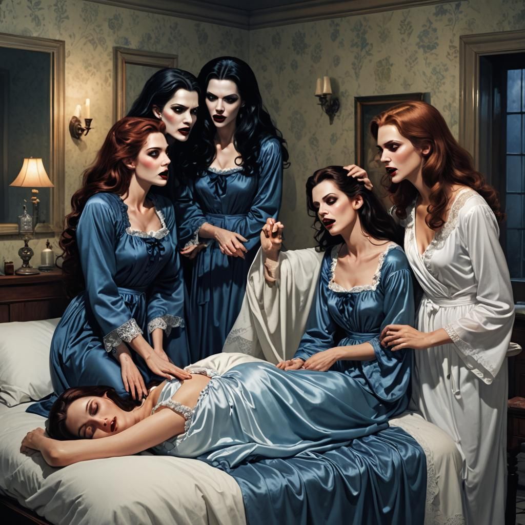 Vampires Approaching Sleeping Woman: Detailed Matte Painting