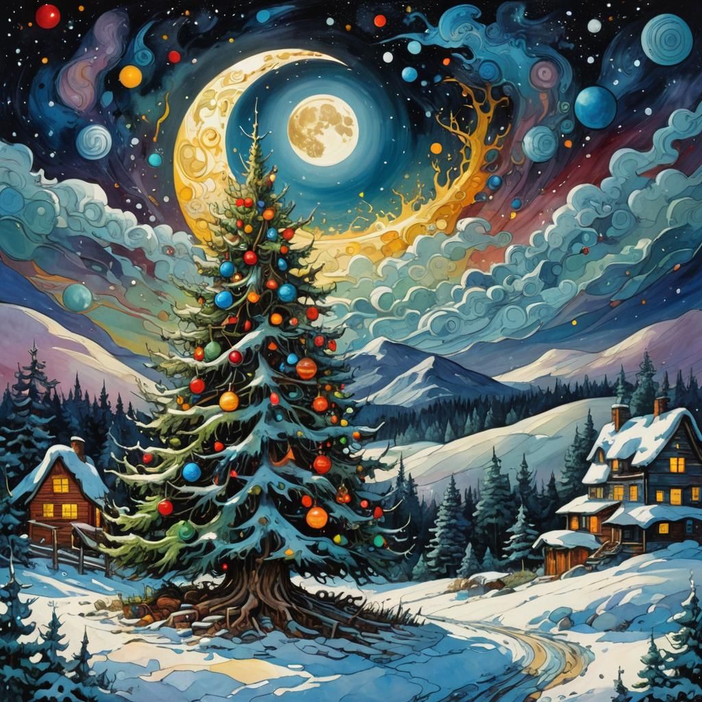 Fantastical Christmas Tree under Full Moon, Alcohol Ink