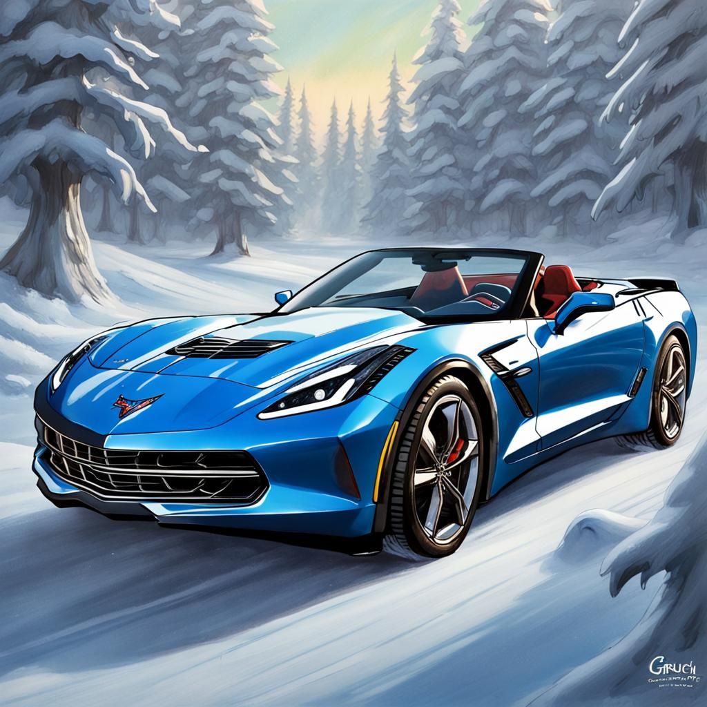 The Grinch Drives a Blue Corvette on Snowy Road