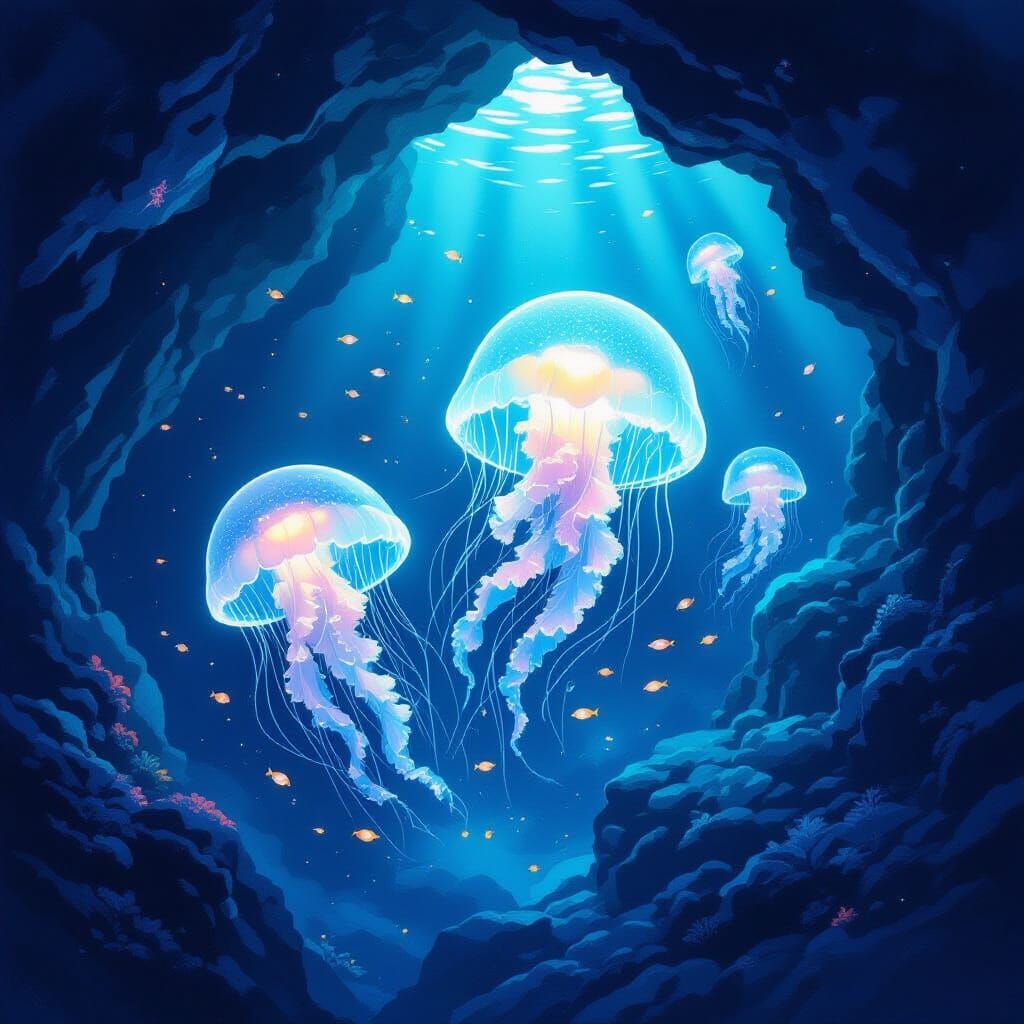 Bioluminescent Jellyfish in Deep-Sea Cave: Watercolor Fantas...