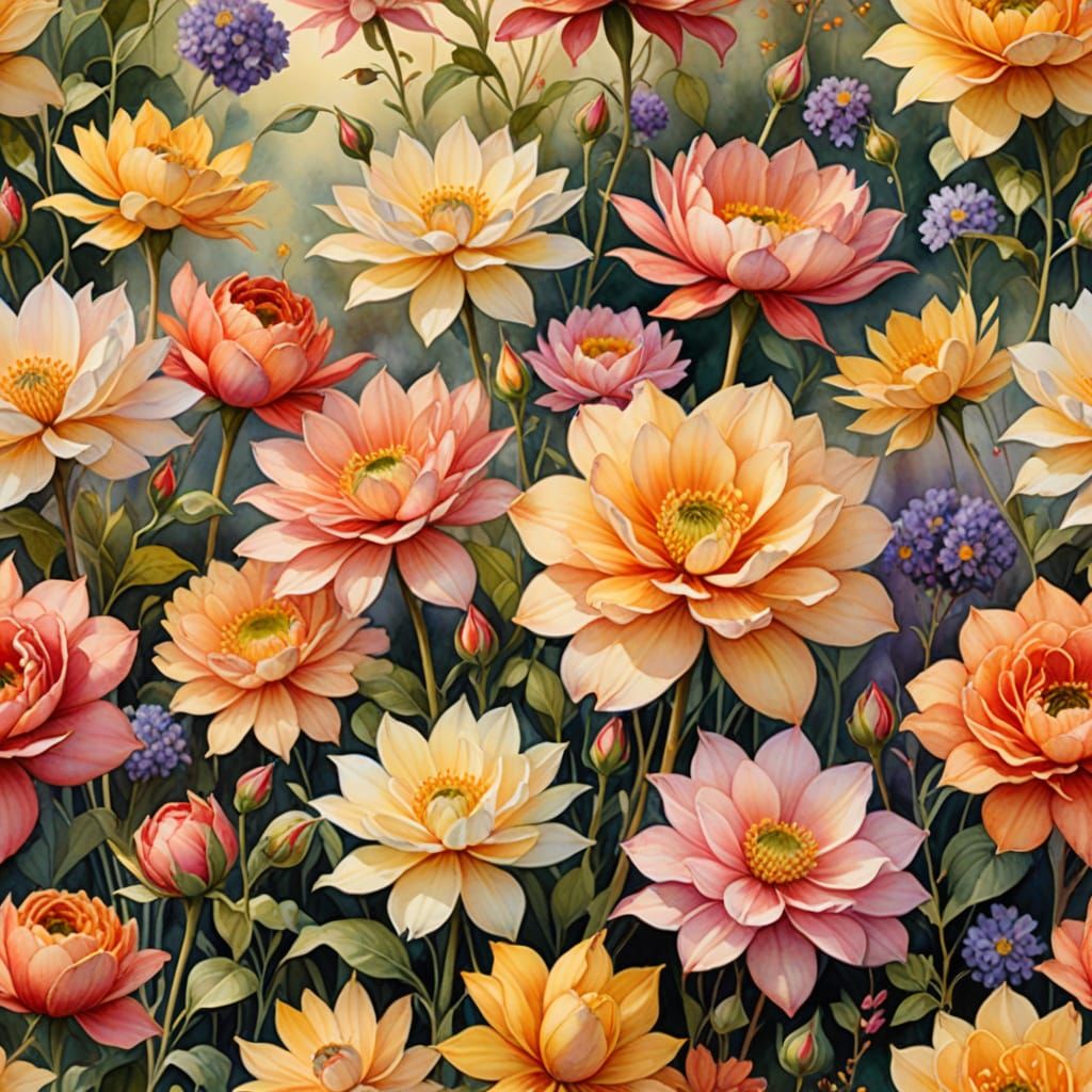 Ethereal Romantic Watercolor Realm with Vibrant Florals