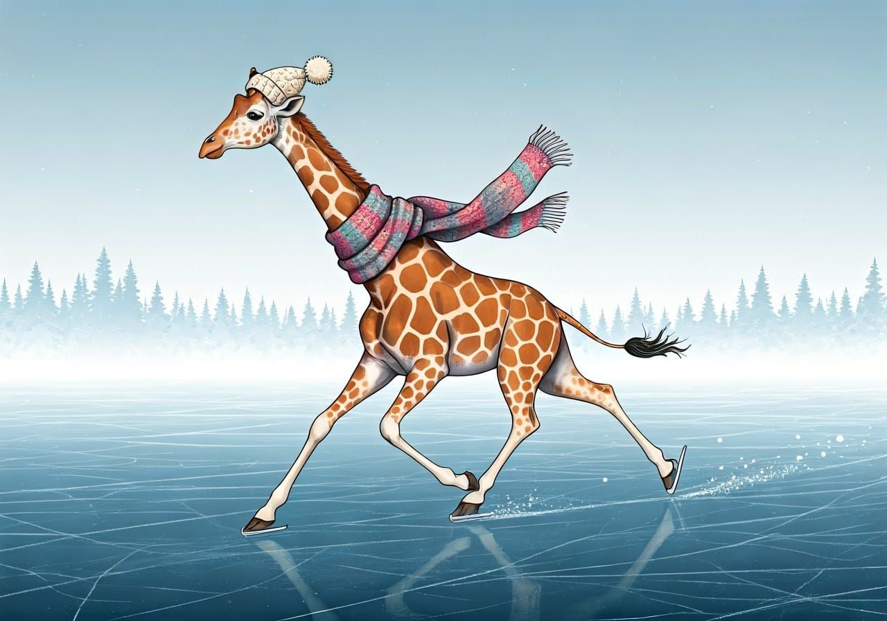 Giraffe Ice Skating in Whimsical Winter Wonderland