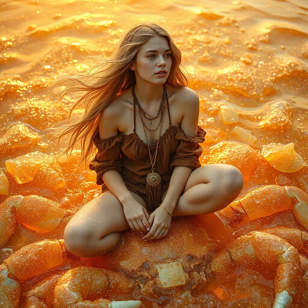 Woman on Gummy Crab in Effervescent Sea