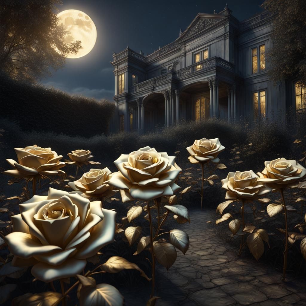 Platinum and Gold Roses in Moonlight