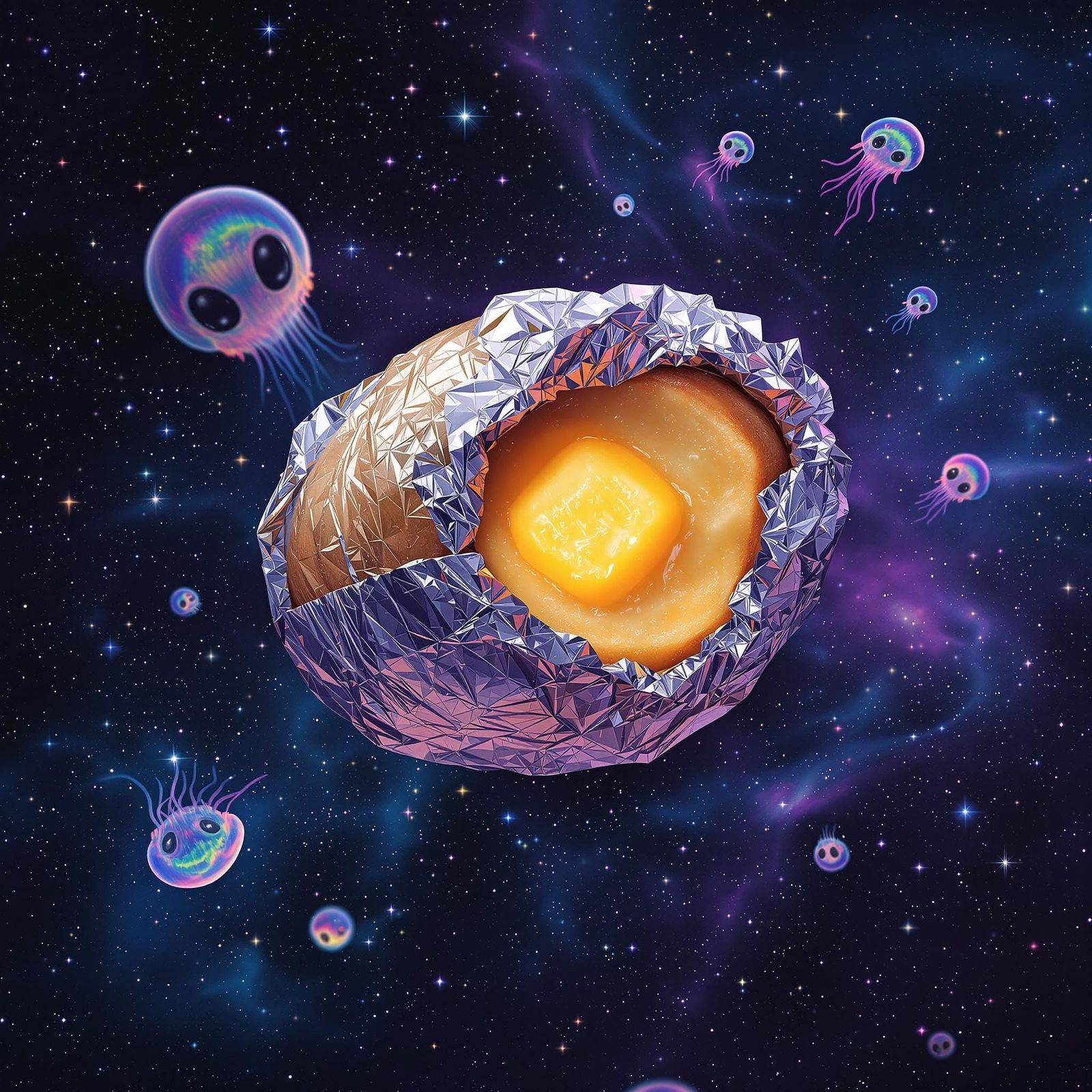 Tinfoil Wrapped Baked Potato Floating Weightless in Space