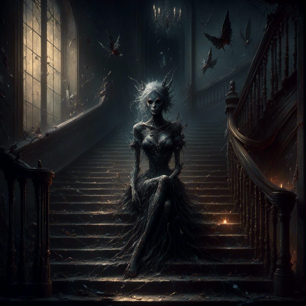 Creepy Demon on Mansion Stairs in Dark Foyer