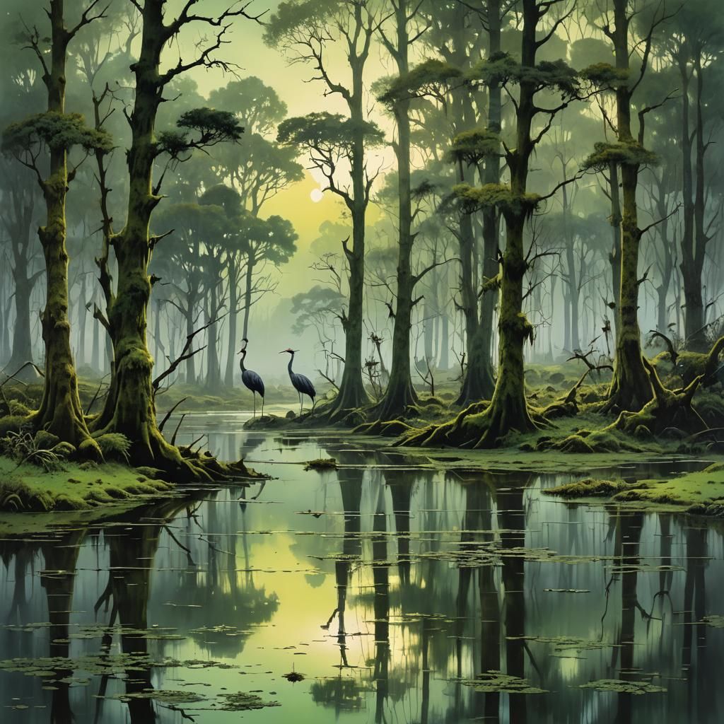 Luminous Green Swamp Landscape at Dusk