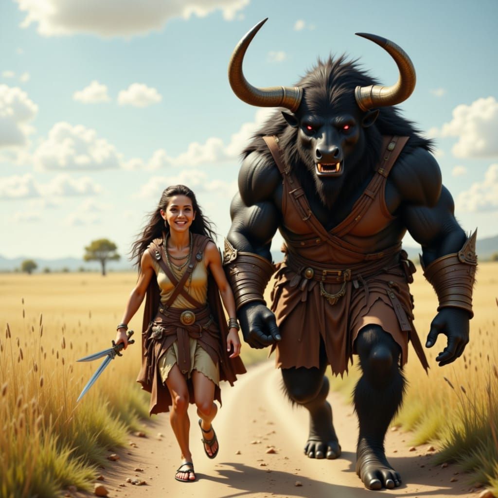 Girl's Adventure with a Minotaur on a Sunny Day