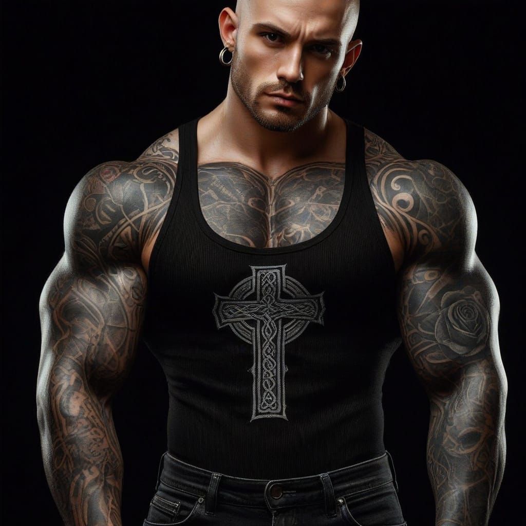 Muscular Man with Celtic Cross Tattoo in Intense Portrait