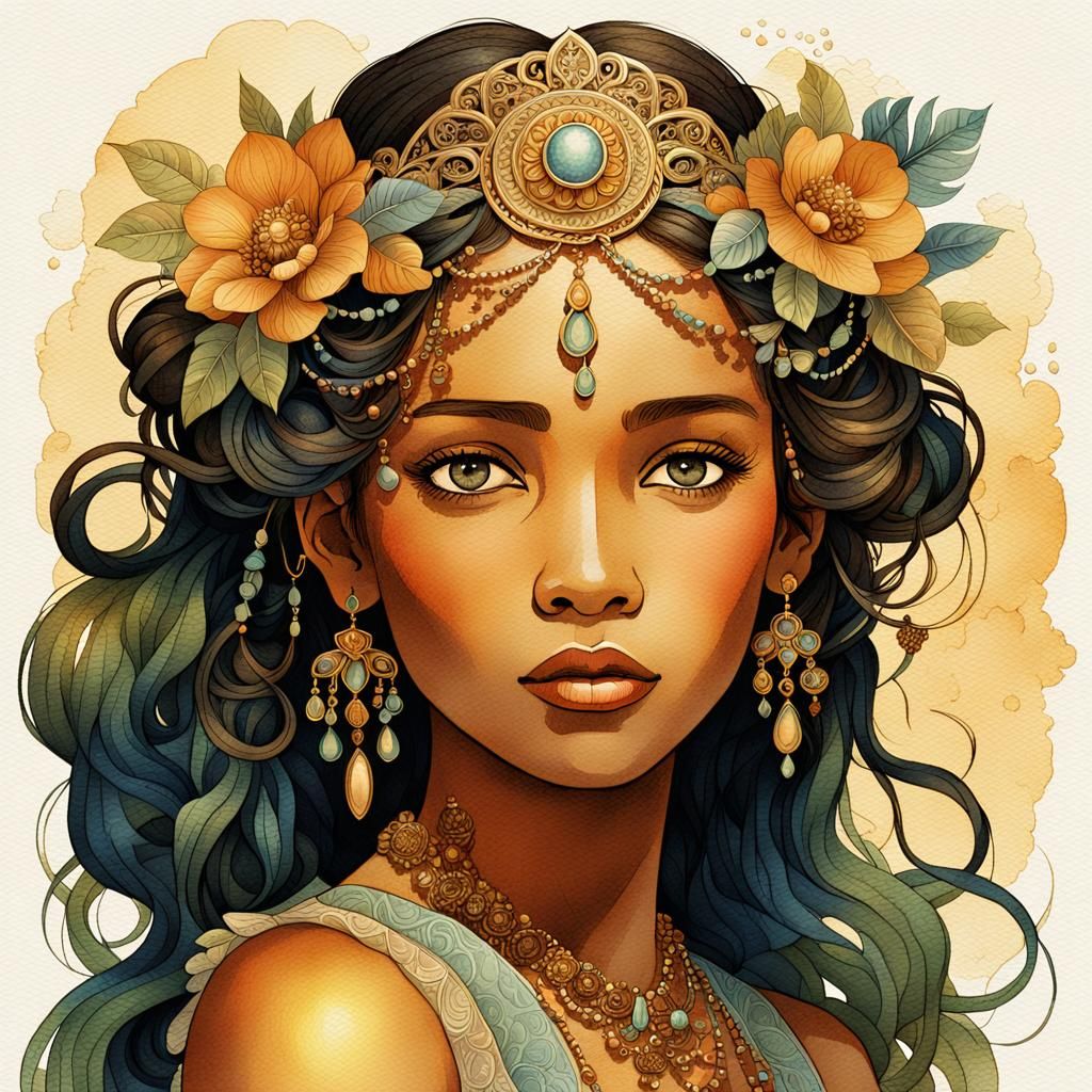 Whimsical Portrait of a Beautiful Woman in Watercolor Style