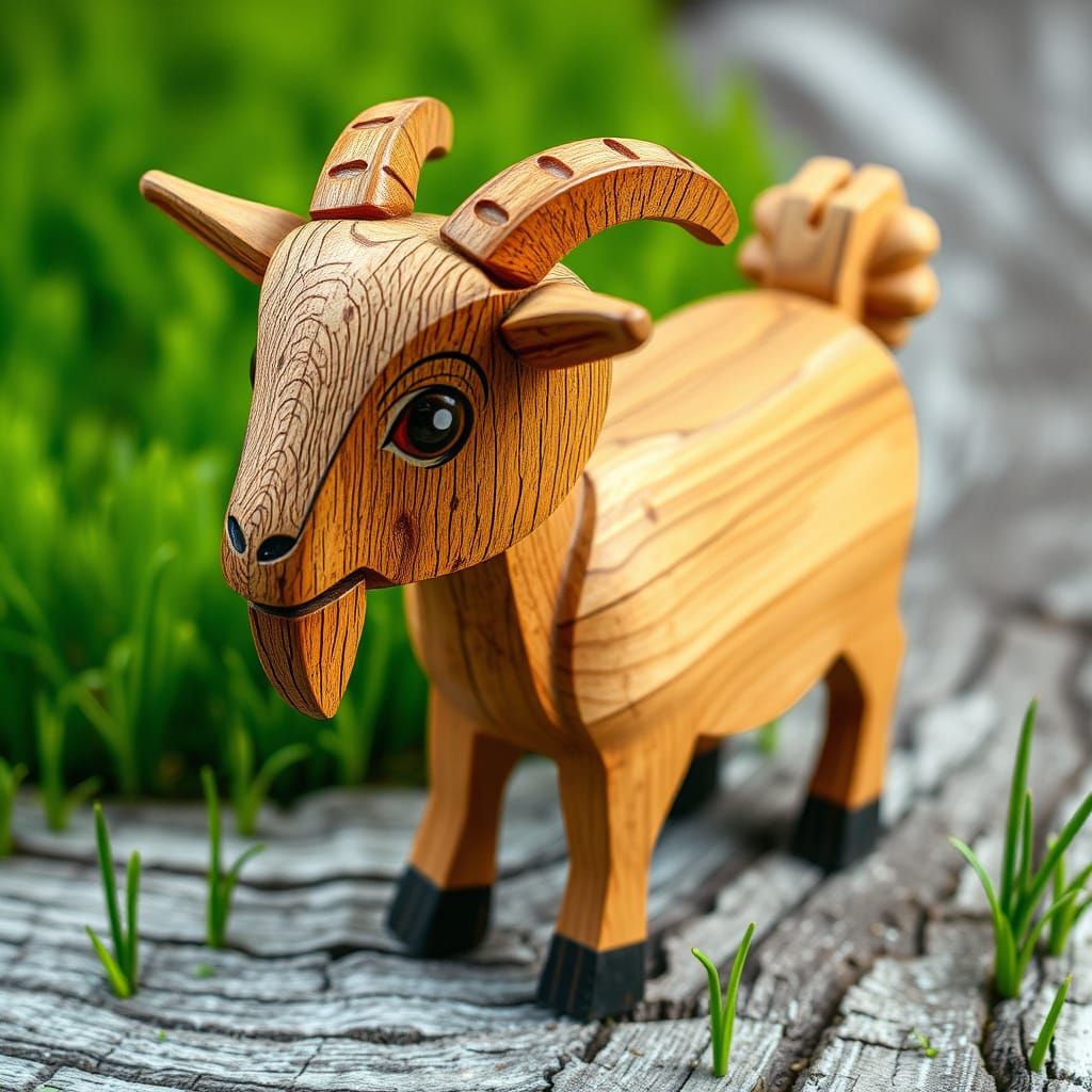 Detailed Wooden Goat in Whimsical Style