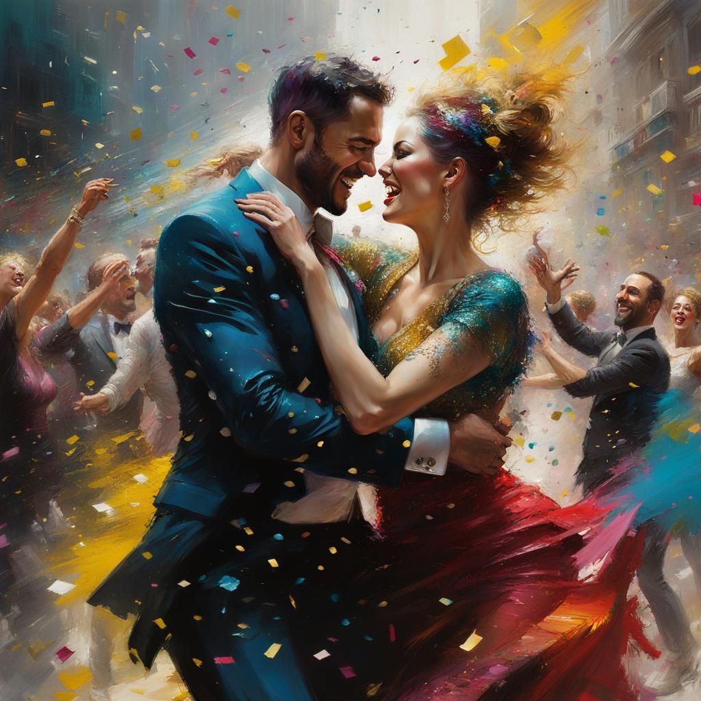 Hourglass Couple Dancing in Confetti Rain: Fine Art