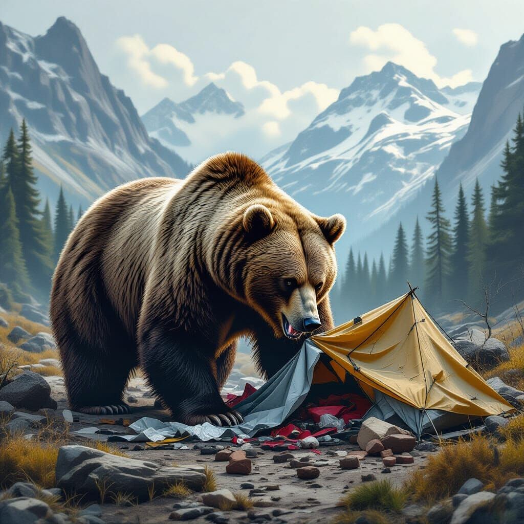 Grizzly Bear Devouring Tent in Dystopian Landscape