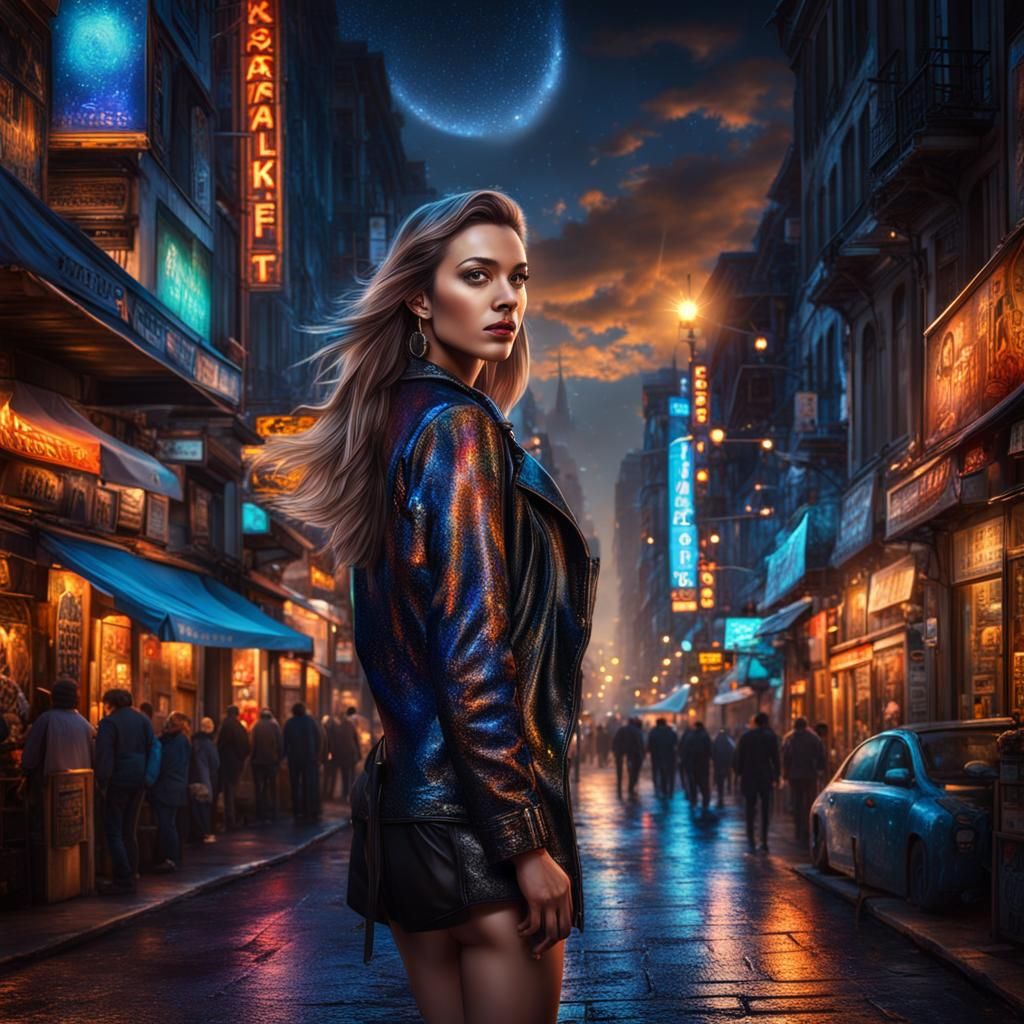 Vibrant Nightlife: Young Lady in Illuminated City