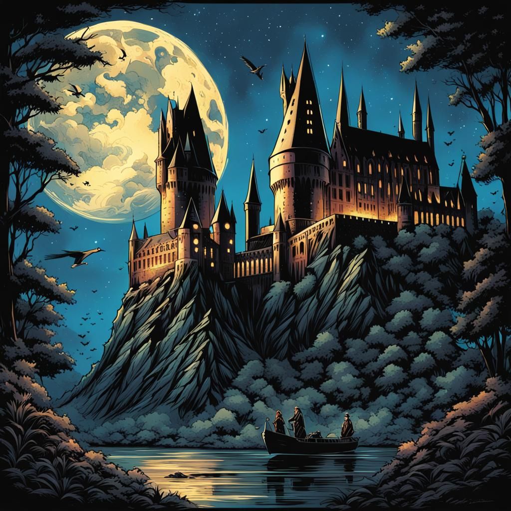 Romantic Scene at Hogwarts in Comic Book Style