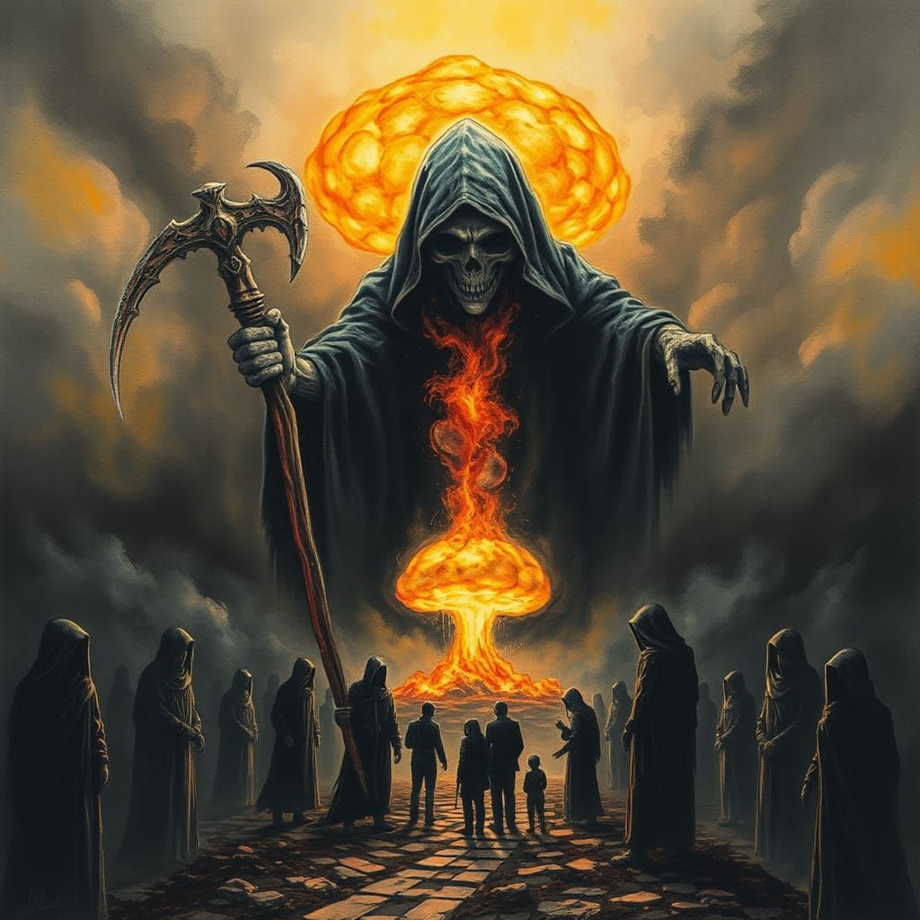 Grim Reaper in Nuclear Apocalypse Charcoal Drawing