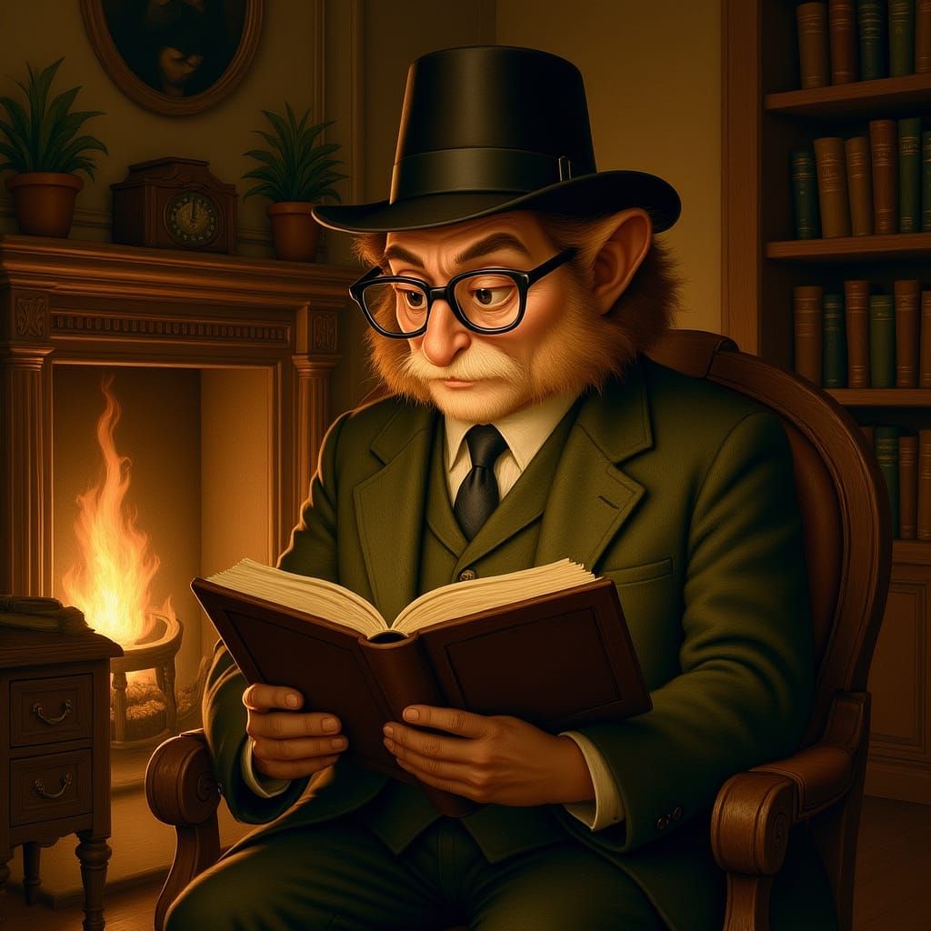 Gibbon Reads by Firelight in Storybook Style
