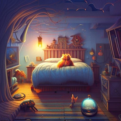 Fuzzy Monsters Under Bed in Dreamlike Illustration