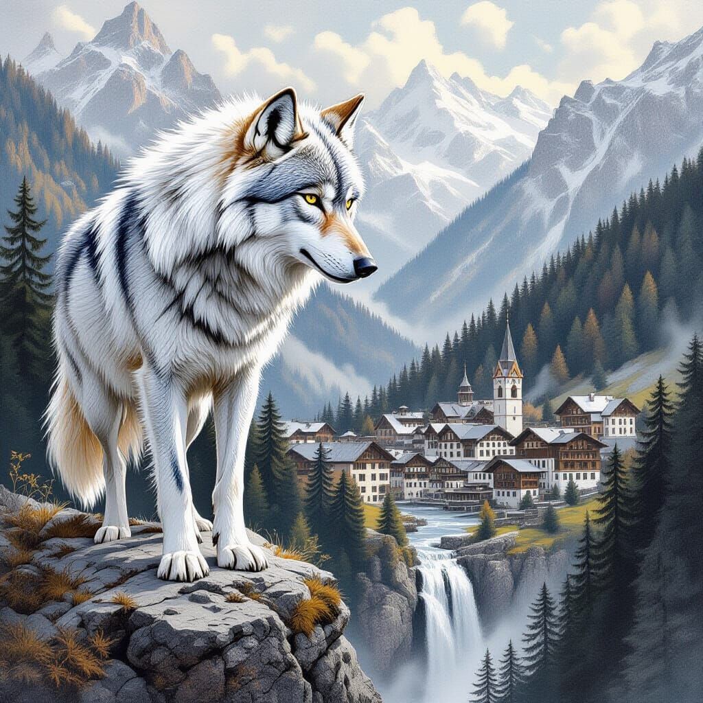 Wolf Overlooking Tyrolean Village in Charcoal Drawing Style