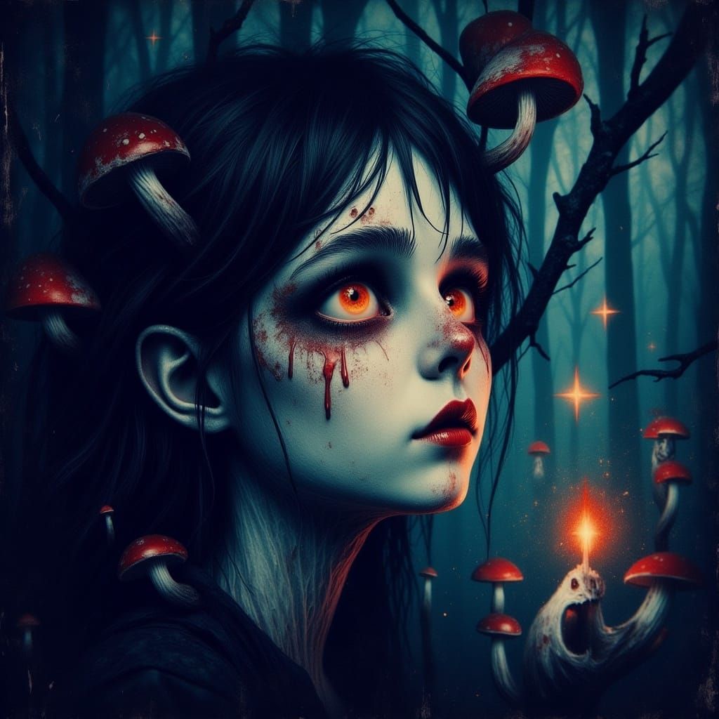 Mystical Forest Portrait in Surreal Line Art Style