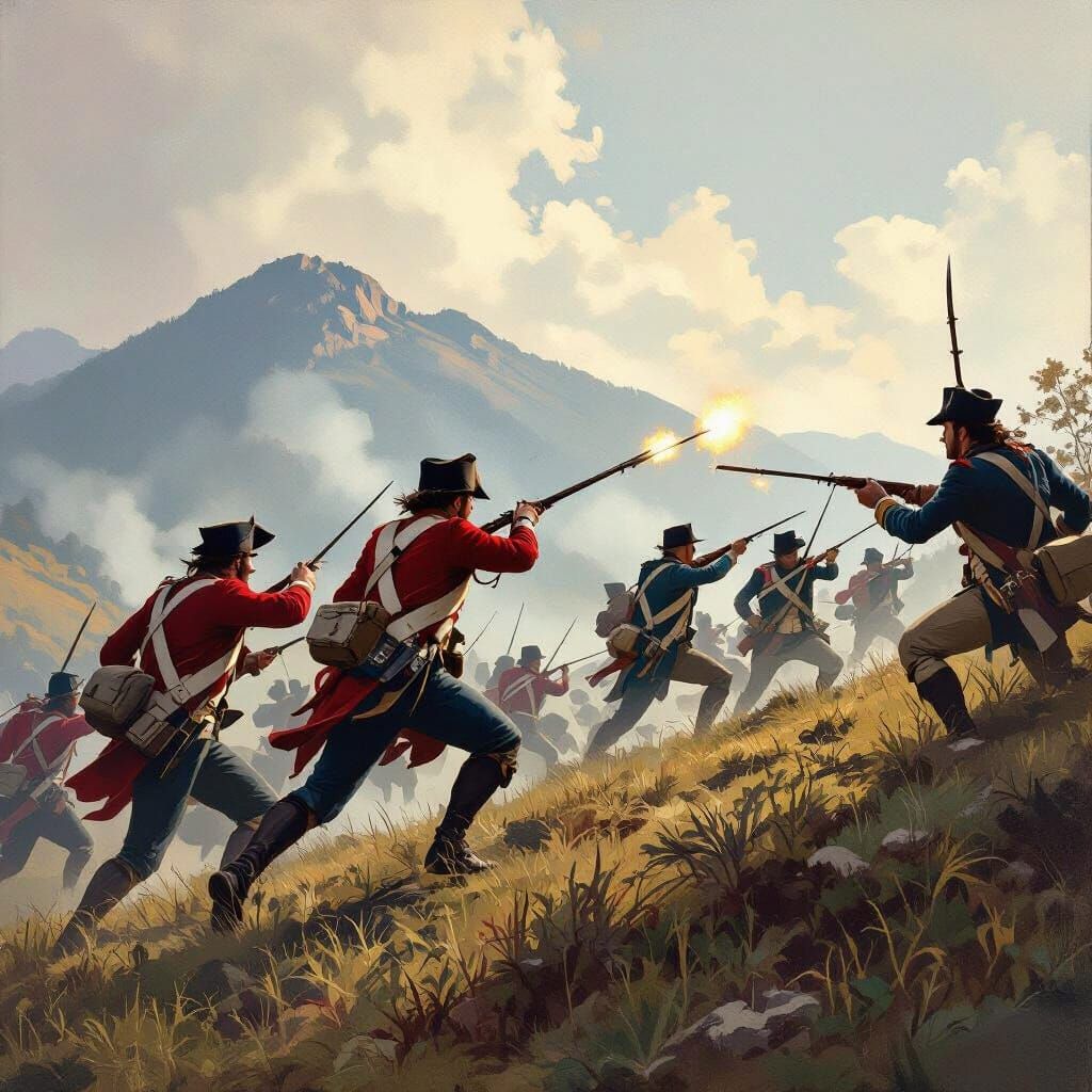 Revolutionary War Battle Scene: British Charge, American Def...