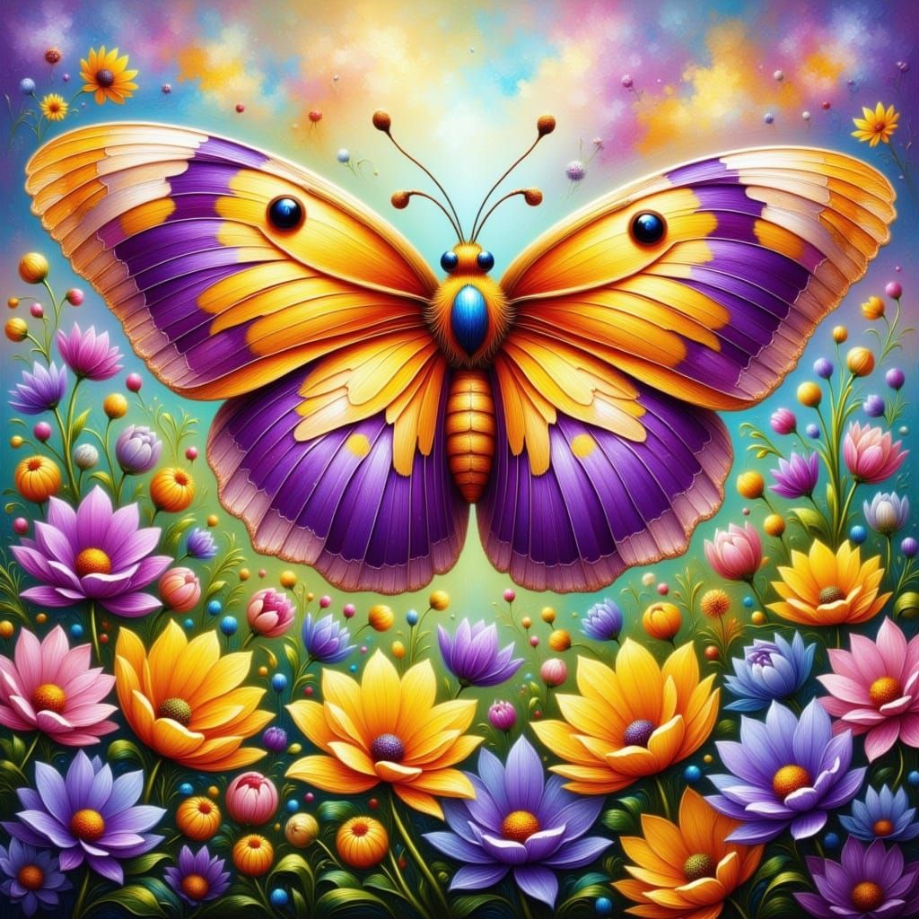 Colorful Moth with Flowers in Oil Painting Style