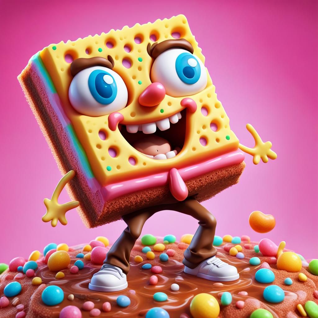 Whimsical Sponge with Human Face in Candyland Art