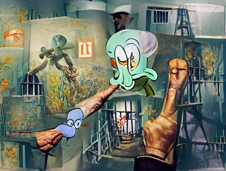 Squidward Pointing at Escaping Prisoner: Maximalist Art