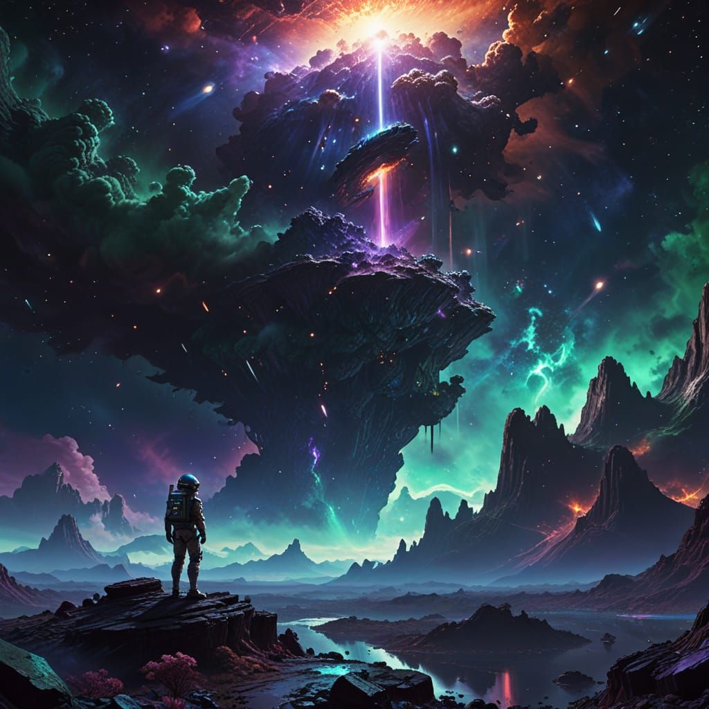 Astronaut Gazes at Nebula on Alien Planet