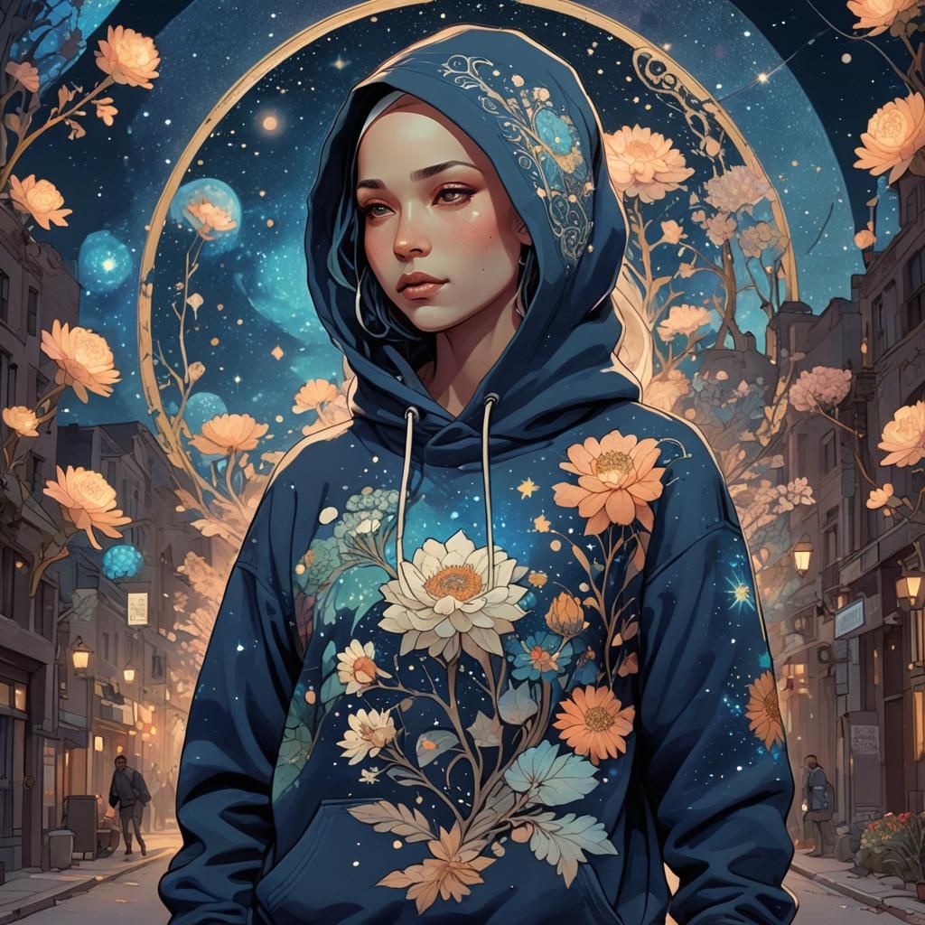 Goddess in City Street, Alphonse Mucha Style