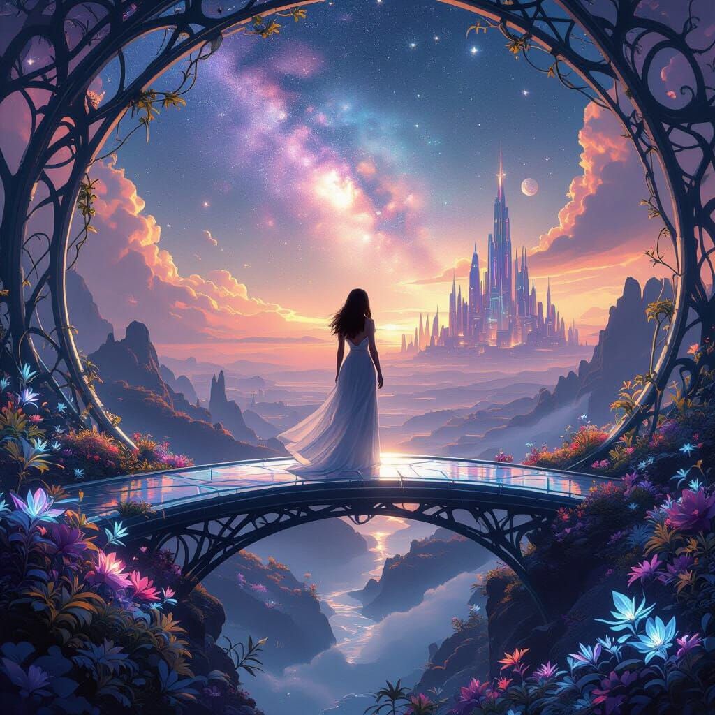 Woman on Crystalline Bridge Under Nebula Sky