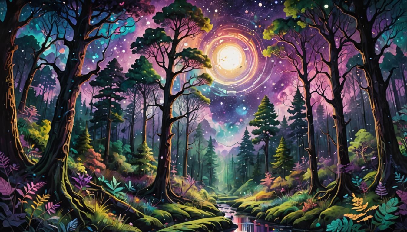 Holographic Astral Forest Illustration in Mixed Media