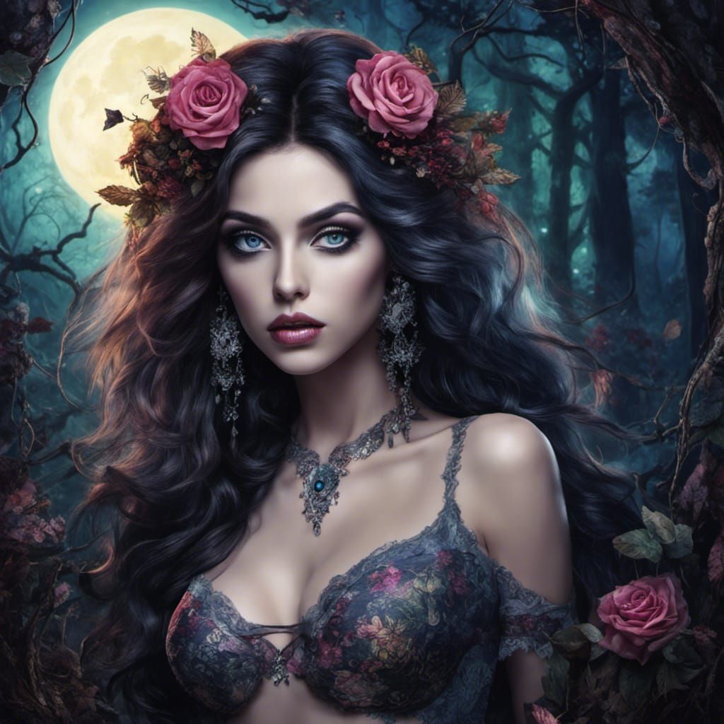 Gothic Tim Burton Style Woman in Forest