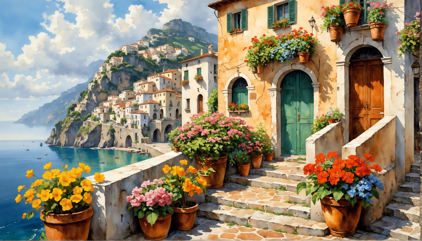 Amalfi Coast Village After Rain: Watercolor Painting