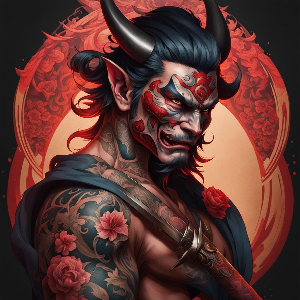 Oni Mask Tattoo in Art Nouveau Style