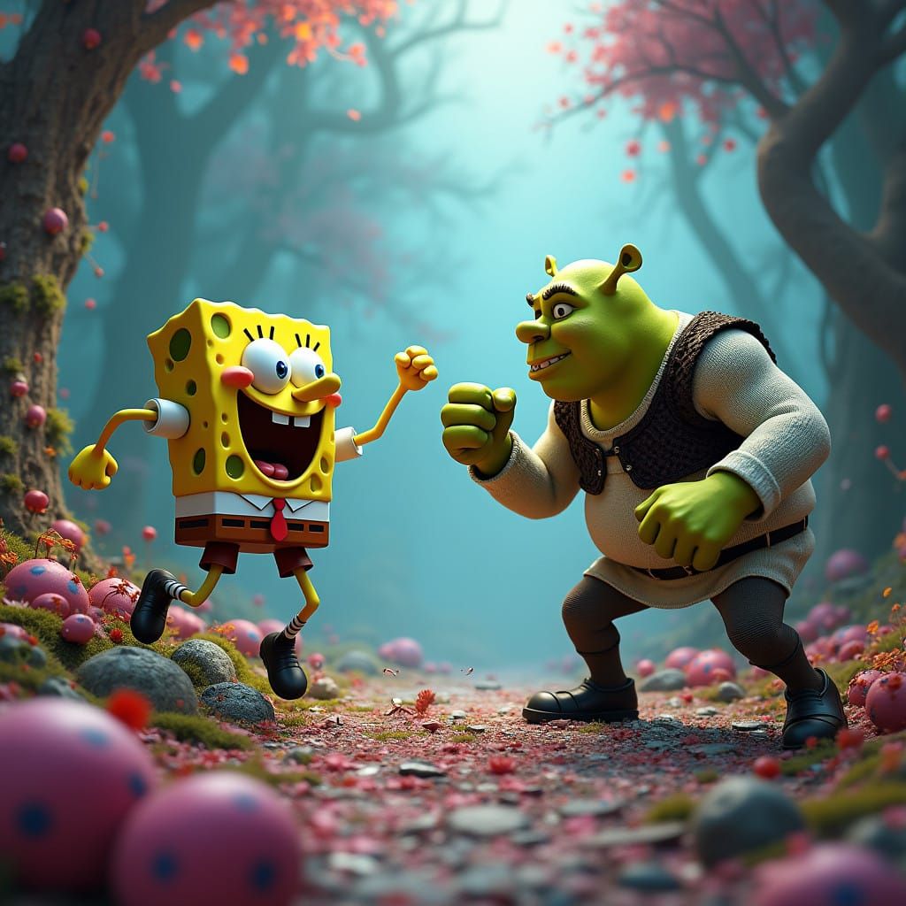 Surreal Epic Battle of Spongebob and Shrek in a Dreamlike En...