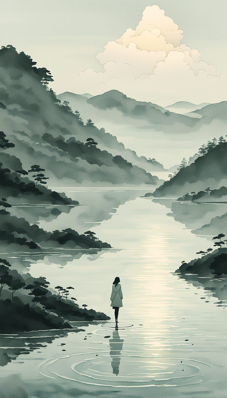 Japanese Watercolor of Woman on Misty Lakeside Shore