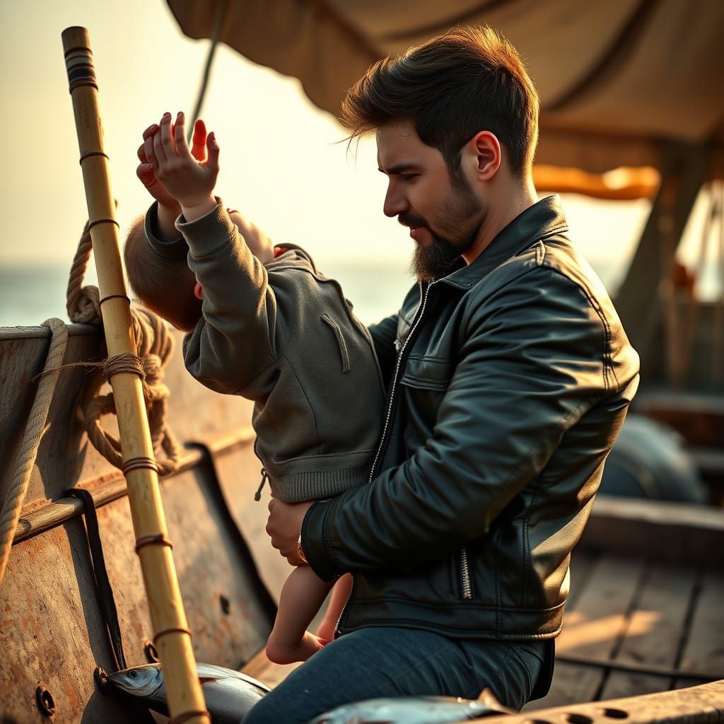 Tender Moment on a Weathered Fishing Boat