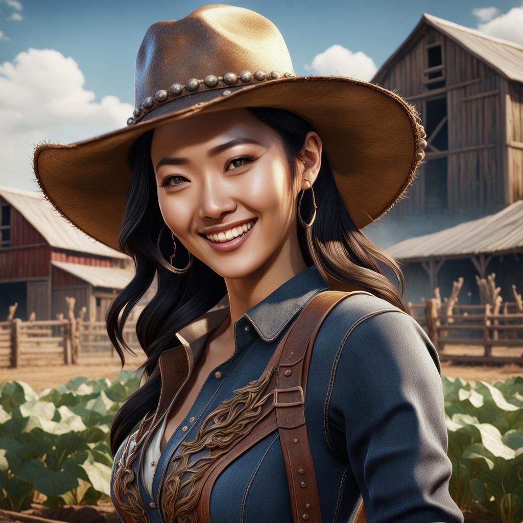 Asian Woman in Cowboy Hat: Detailed Matte Painting