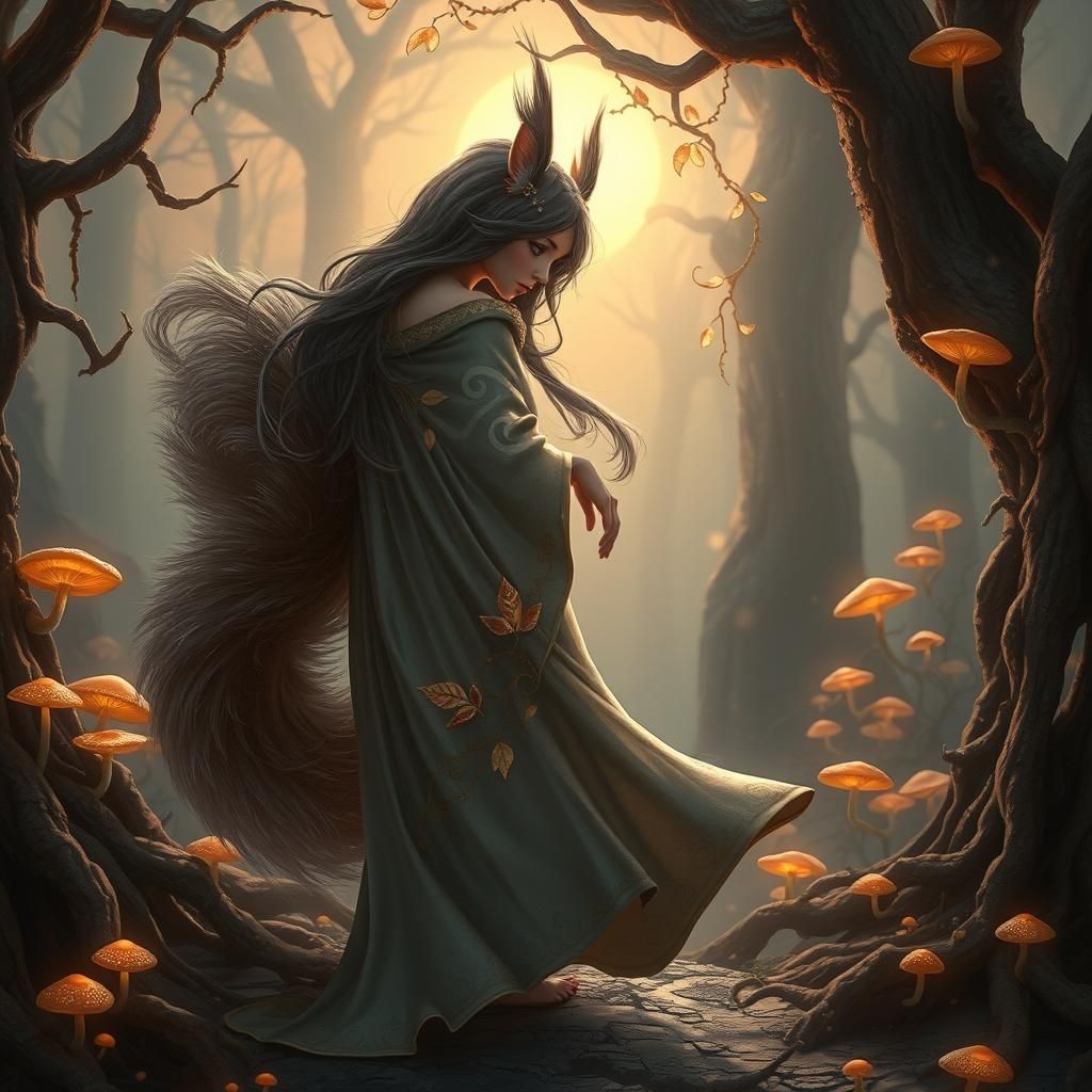 Mystical Squirrel Girl in Fantasy Forest
