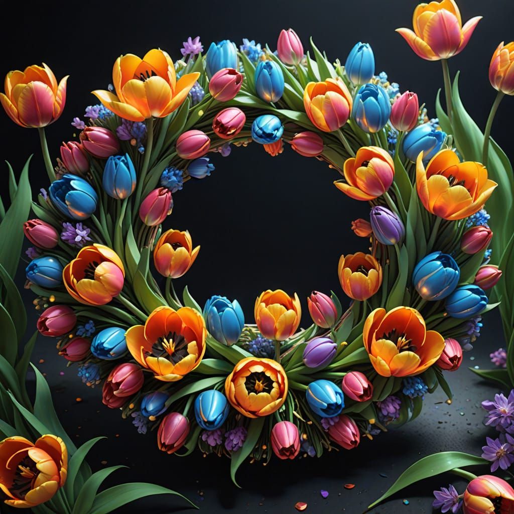 Iridescent Tulip Wreath in 3D Anime Style