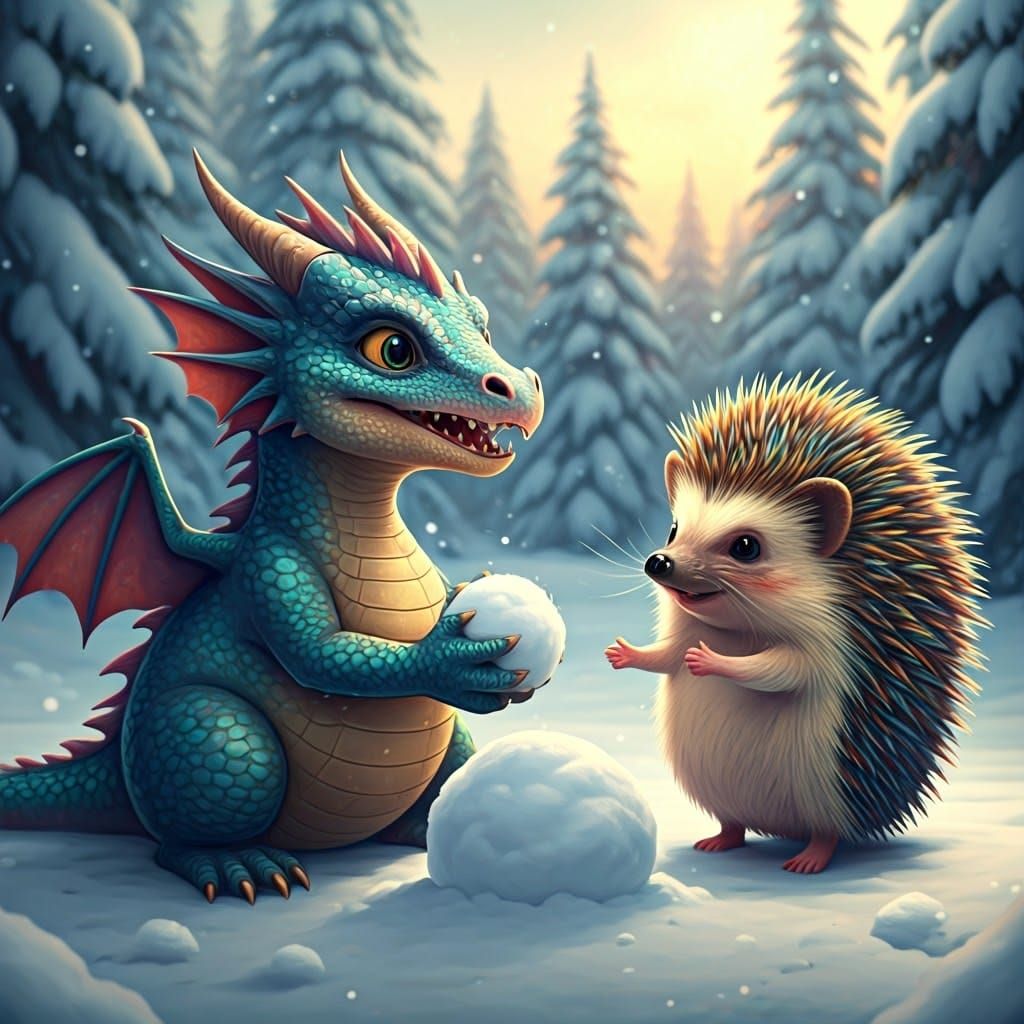 Dragon and Hedgehog Snowball Fight, Whimsical Splash Art